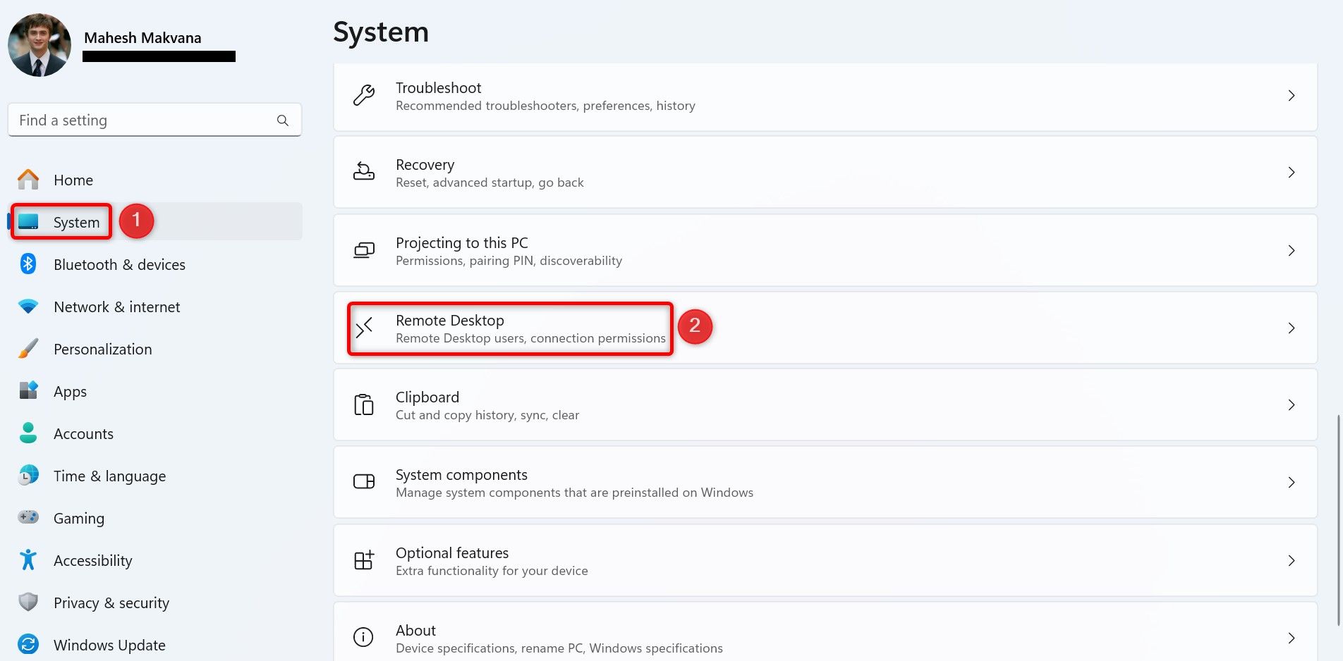 'System' and 'Remote Desktop' highlighted in Settings.