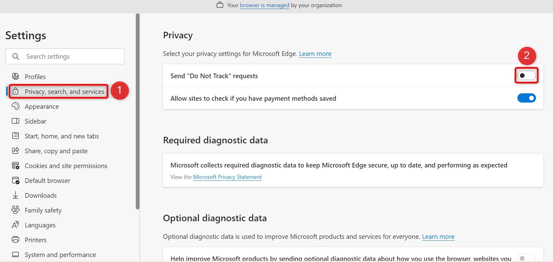 'Privacy, Search, and Services' and 'Send Do Not Track Requests' highlighted in Edge Settings.