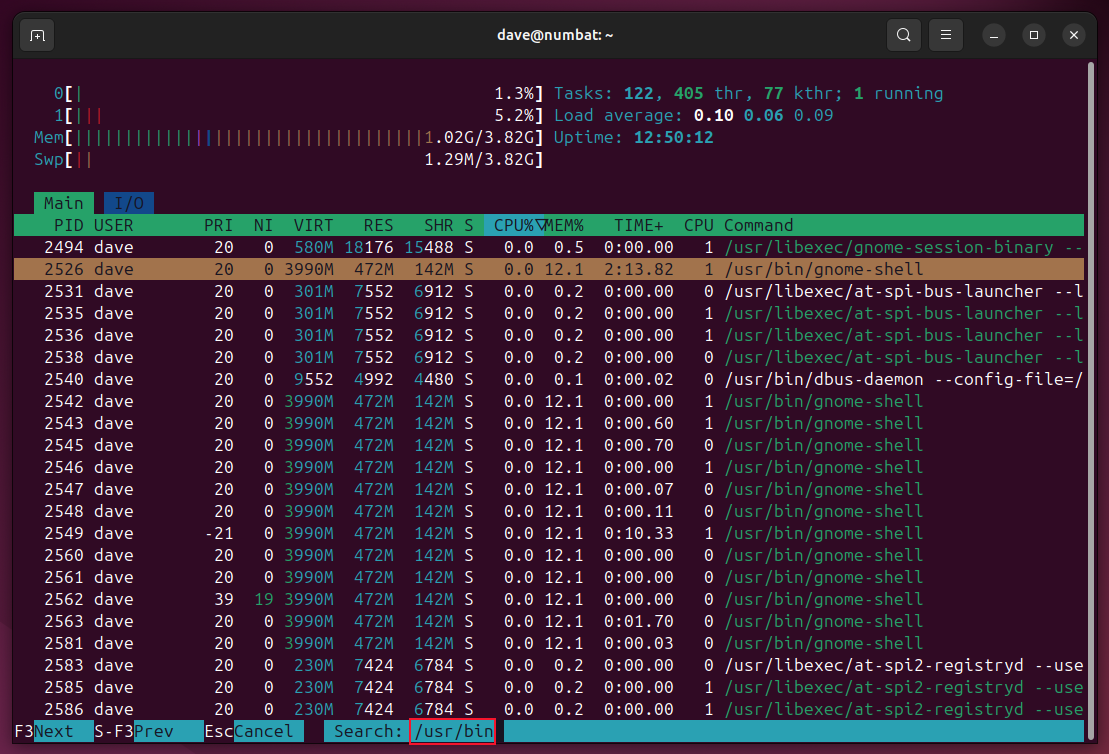 Using the search function in htop.