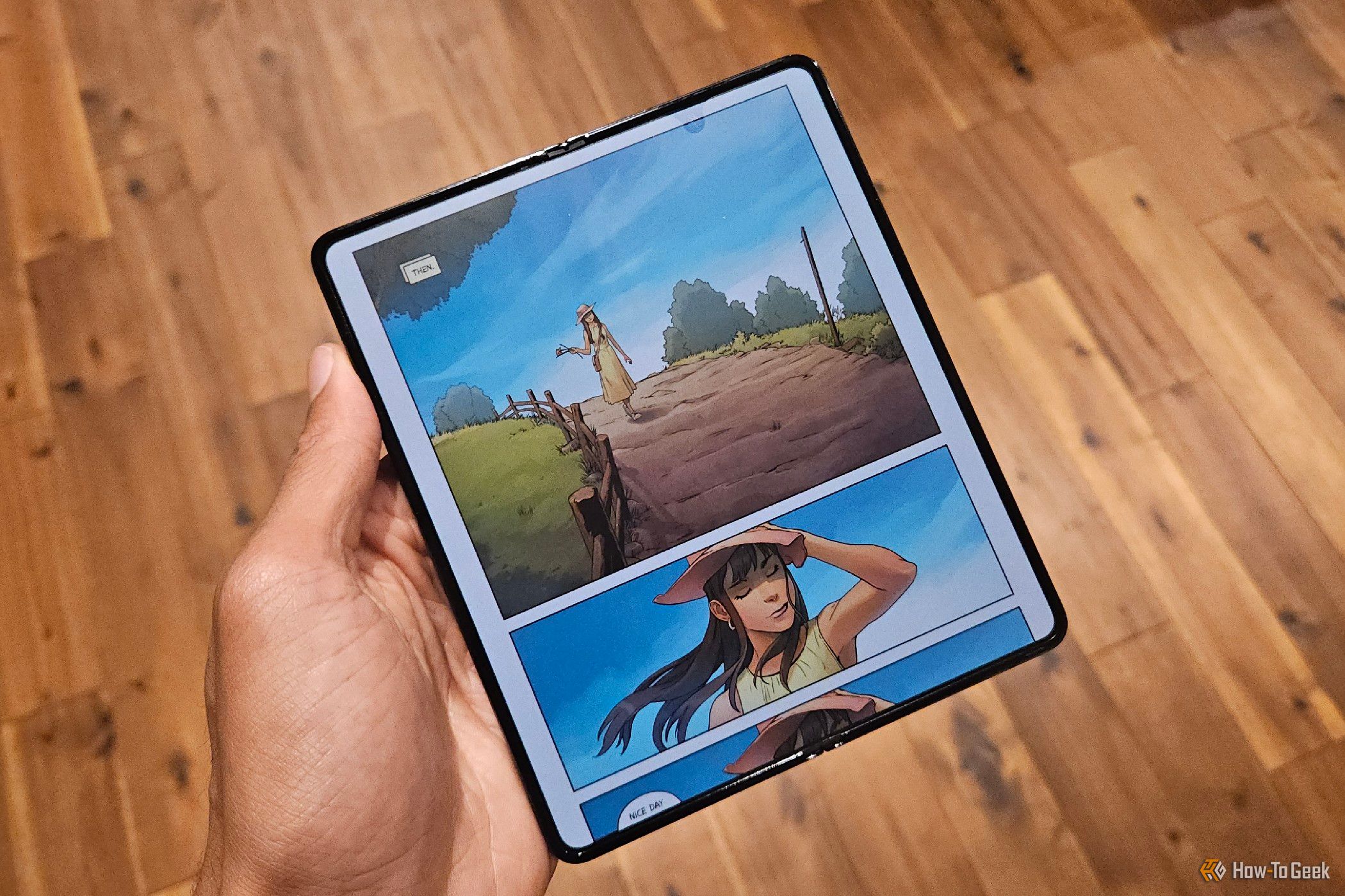 A graphic novel on a Samsung Galaxy Z Fold 5.