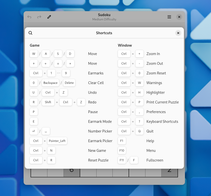 GNOME Sudoku showing the new keyboard shortcut screen.