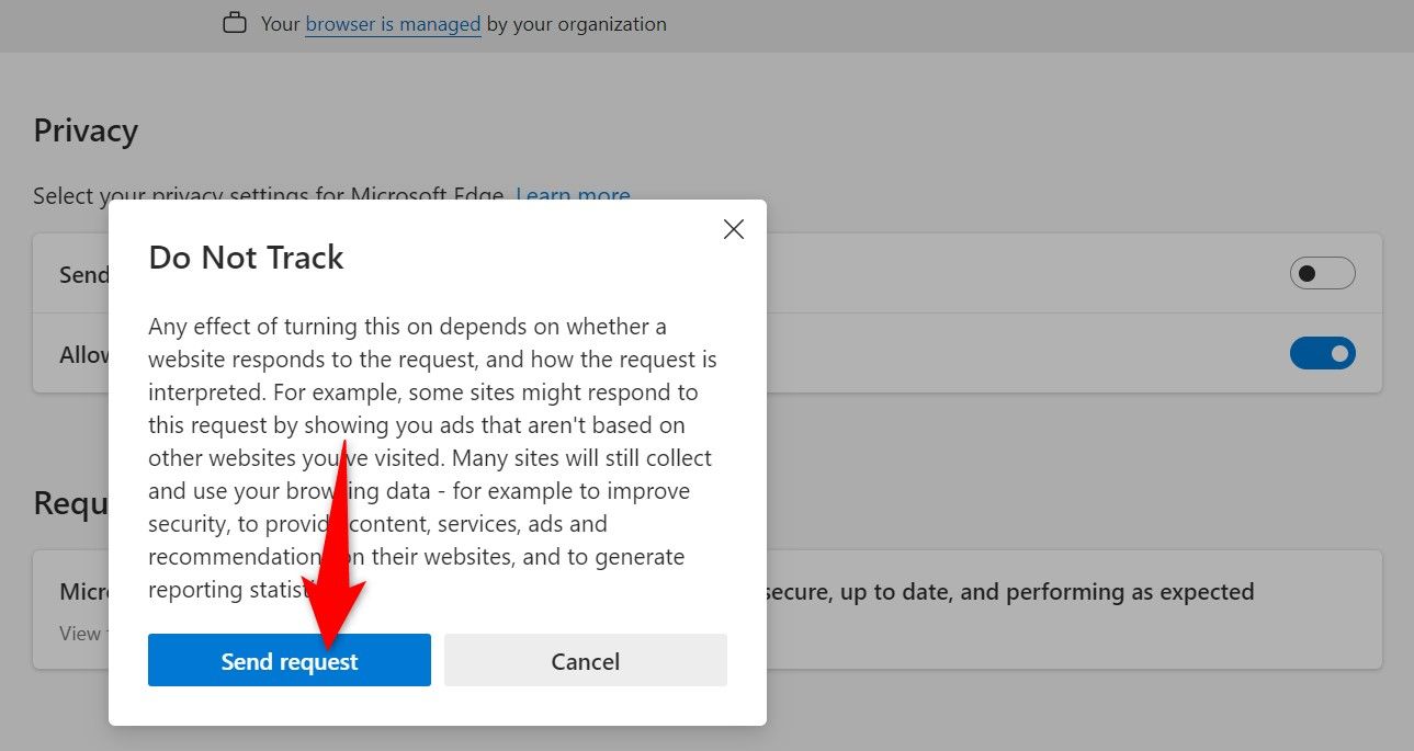 'Send Request' highlighted in the Do Not Track prompt in Edge Settings.