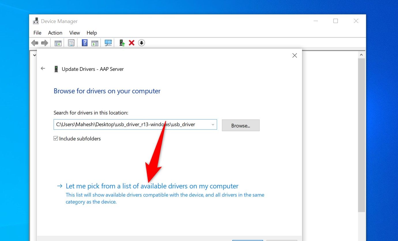 'Let Me Pick From a List of Available Drivers On My Computer' highlighted in Device Manager.