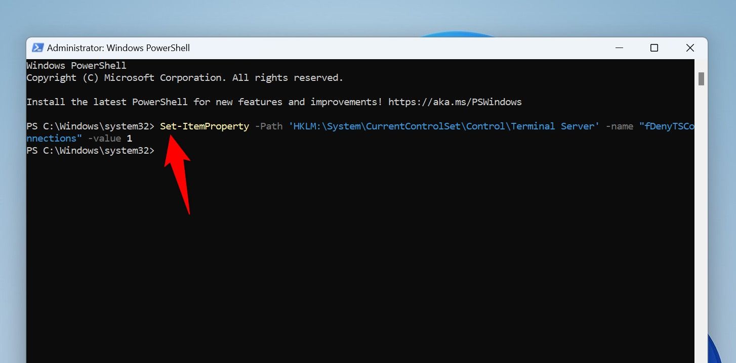 The cmdlet to disable Remote Desktop typed in PowerShell.