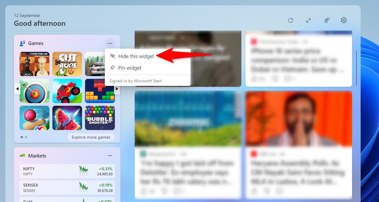 'Hide This Widget' highlighted in the three-dot menu for a widget.