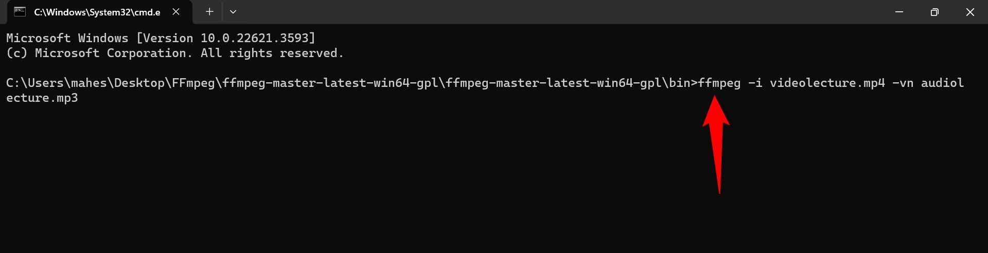 The command to convert a video to audio typed on the CMD window.