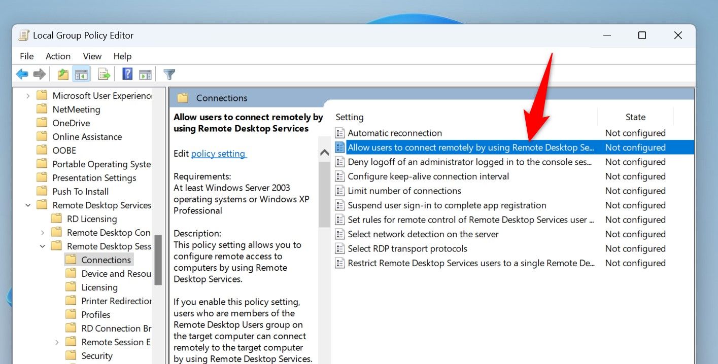 'Allow Users to Connect Remotely by using Remote Desktop Services' highlighted in Local Group Policy Editor.