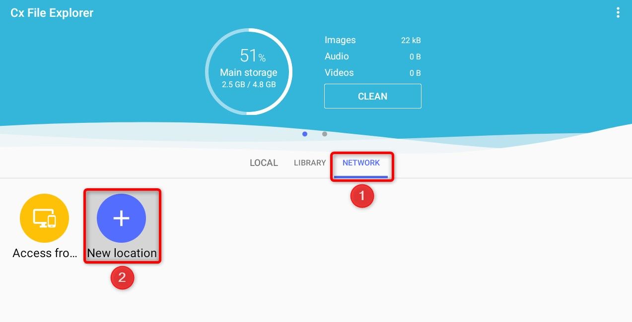 'Network' and 'New Location' highlighted in Cx File Explorer.