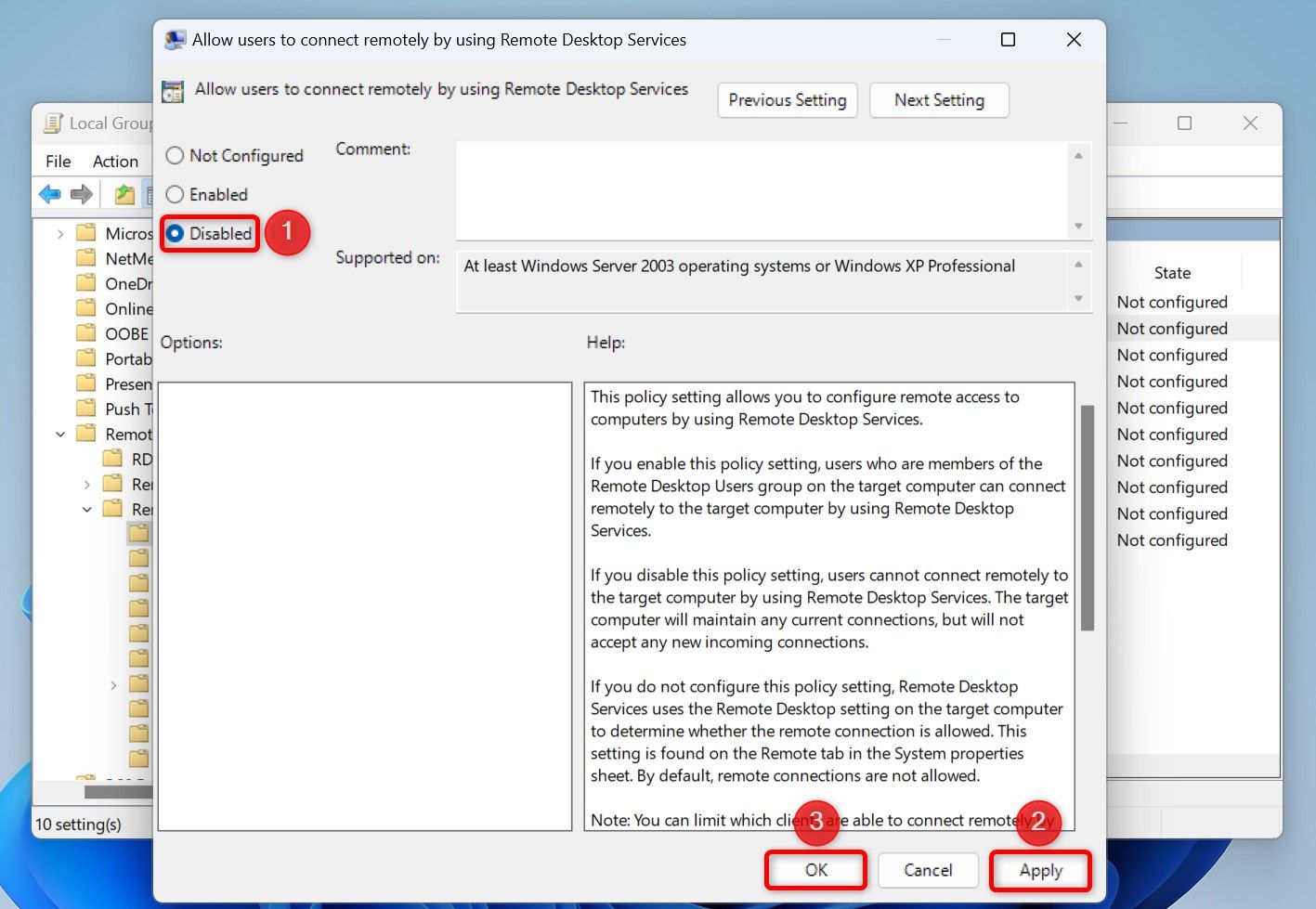 Various options to disable Remote Desktop highlighted in Local Group Policy Editor.