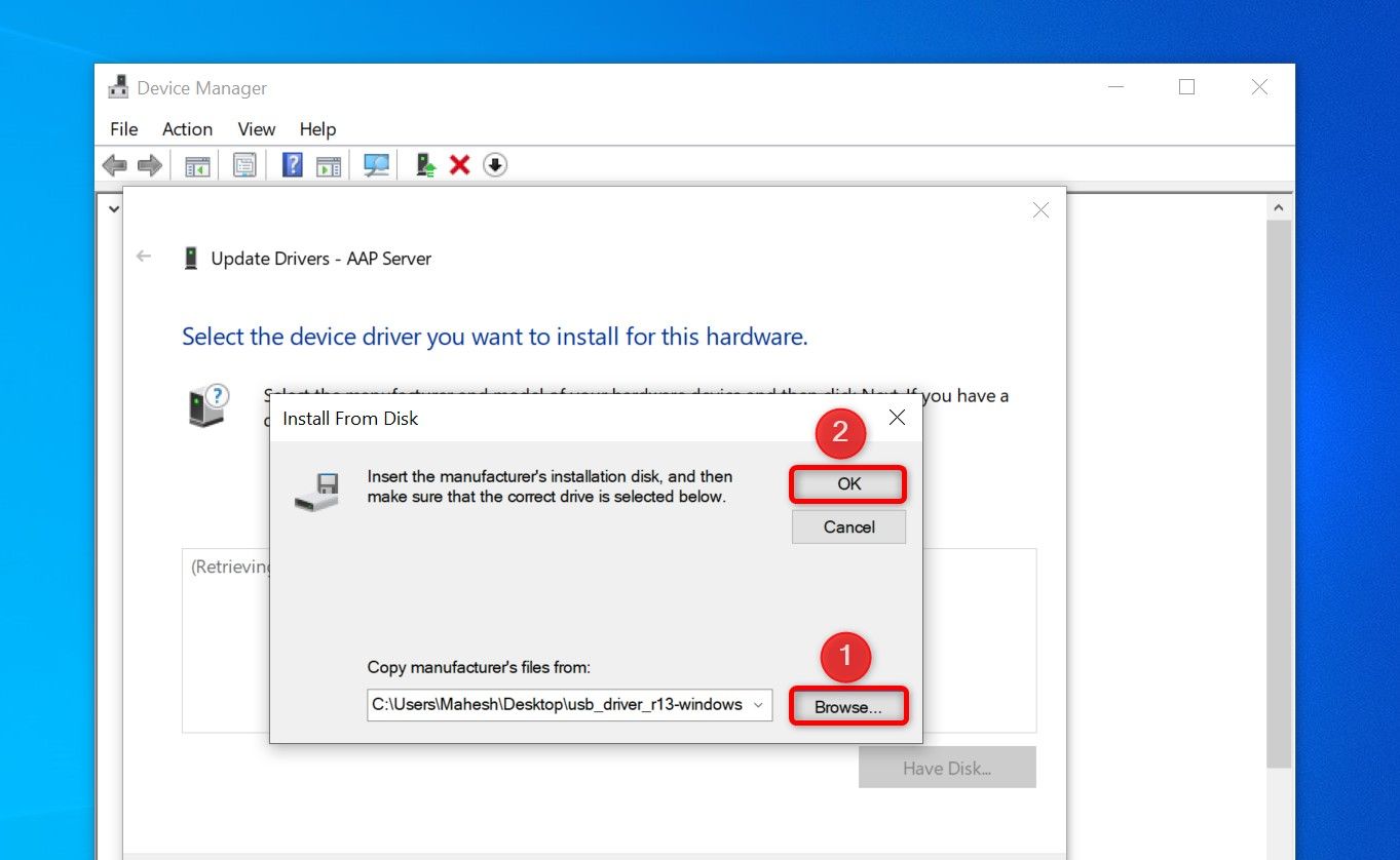 'Browse' and 'OK' highlighted in the 'Install From Disk' dialog box.