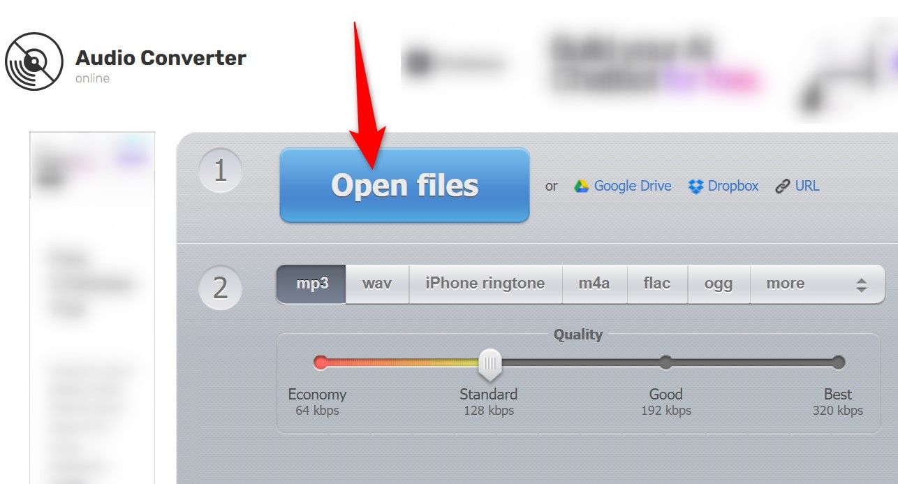 'Open Files' highlighted on Online Audio Converter.