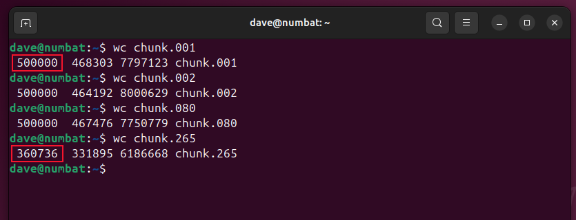 Using wc to determine the characteristics of several of the split file's chunks.