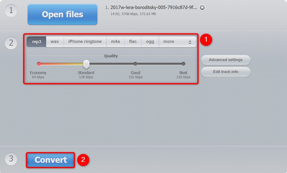 Various audio formats and 'Convert' highlighted on Online Audio Converter.