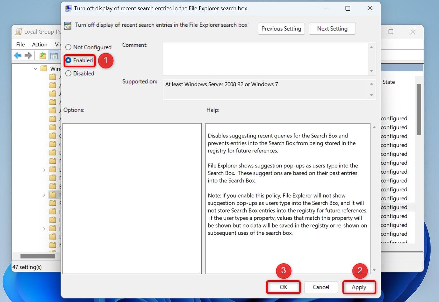 The options to disable web search in Windows Search highlighted in Local Group Policy Editor.