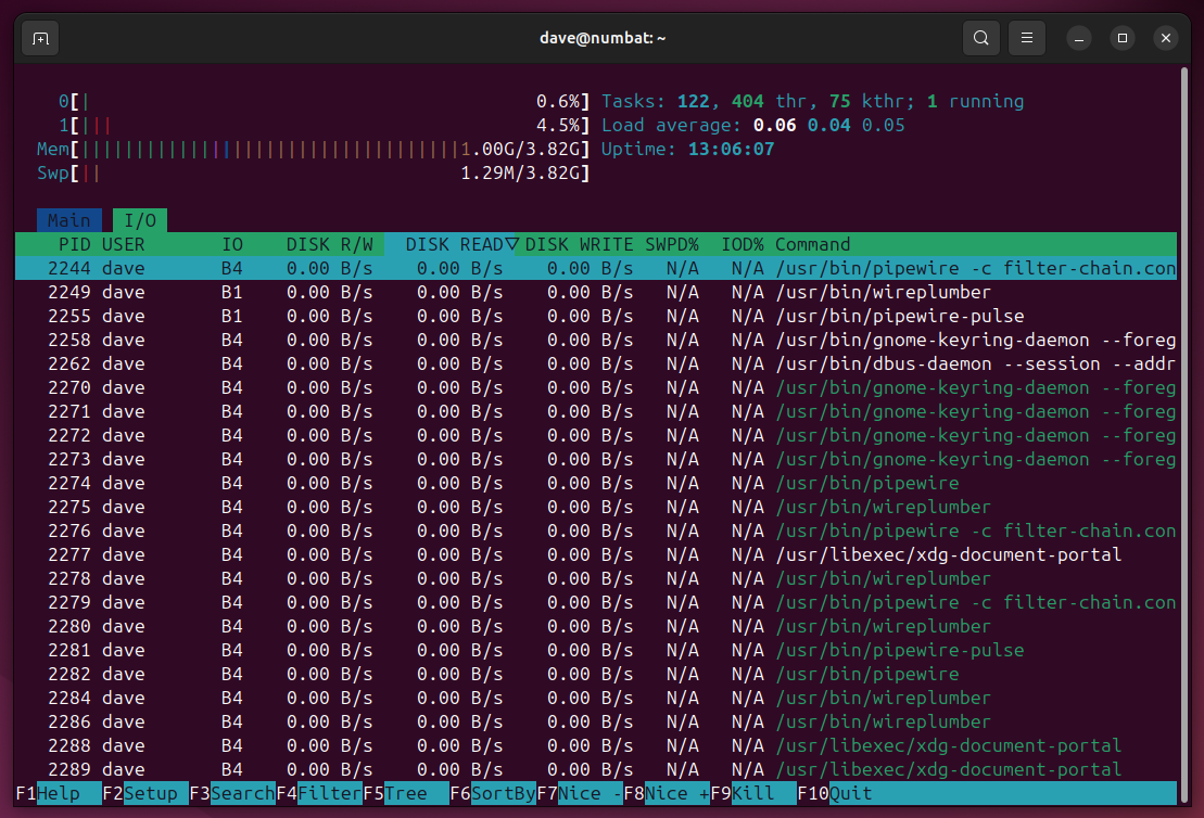 The I/O screen with its list of processes.