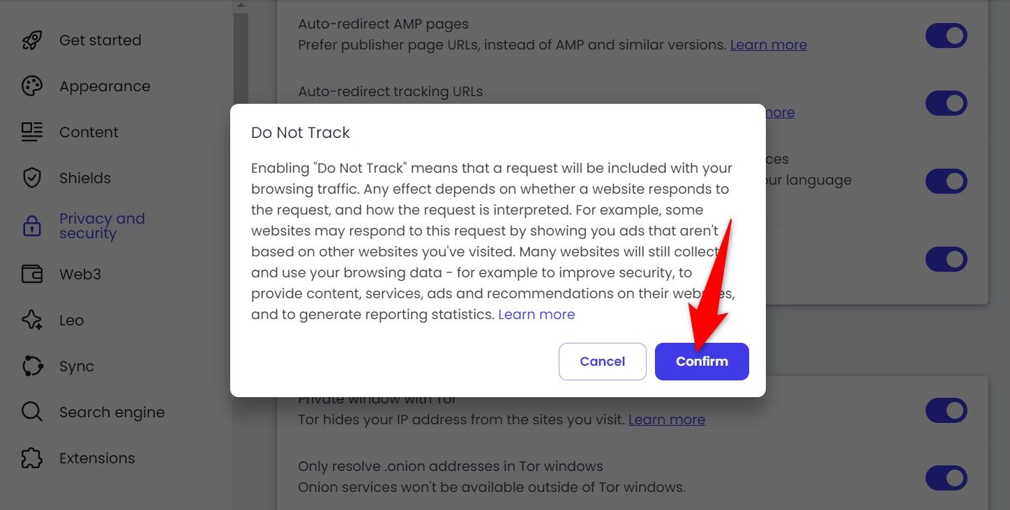 'Confirm' highlighted in the Do Not Track prompt in Brave Settings.