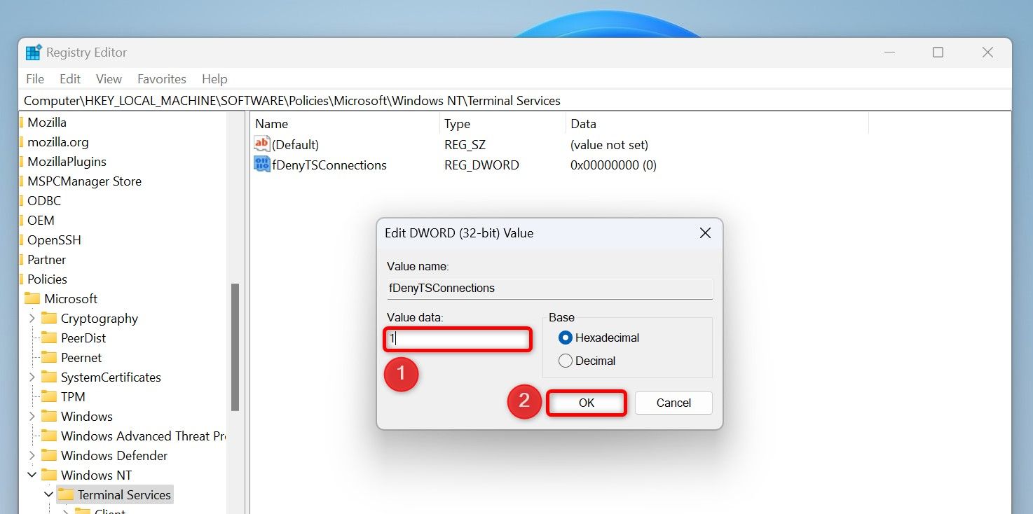'Value Data' and 'OK' highlighted for 'fDenyTSConnections' in Registry Editor.