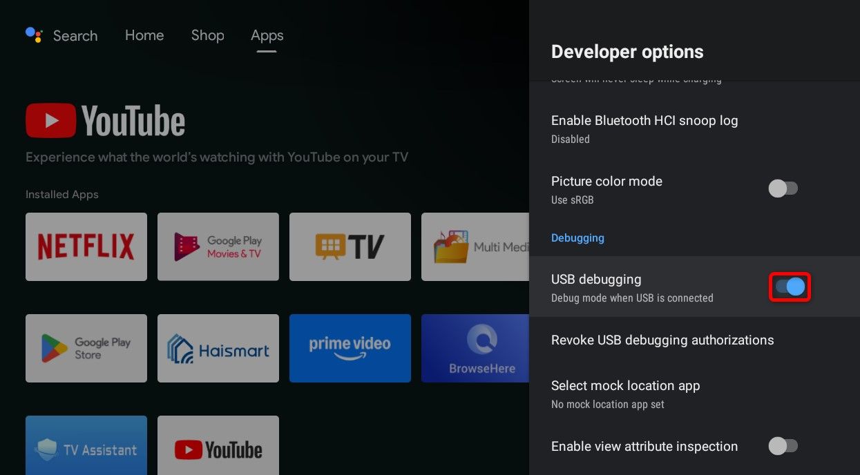 'USB Debugging' highlighted in Android TV Settings.