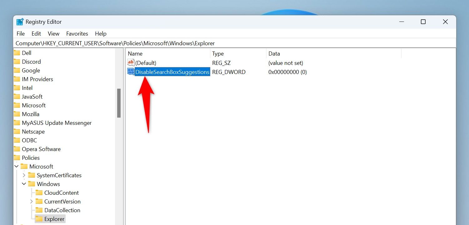 'DisableSearchBoxSuggestions' highlighted in Registry Editor.