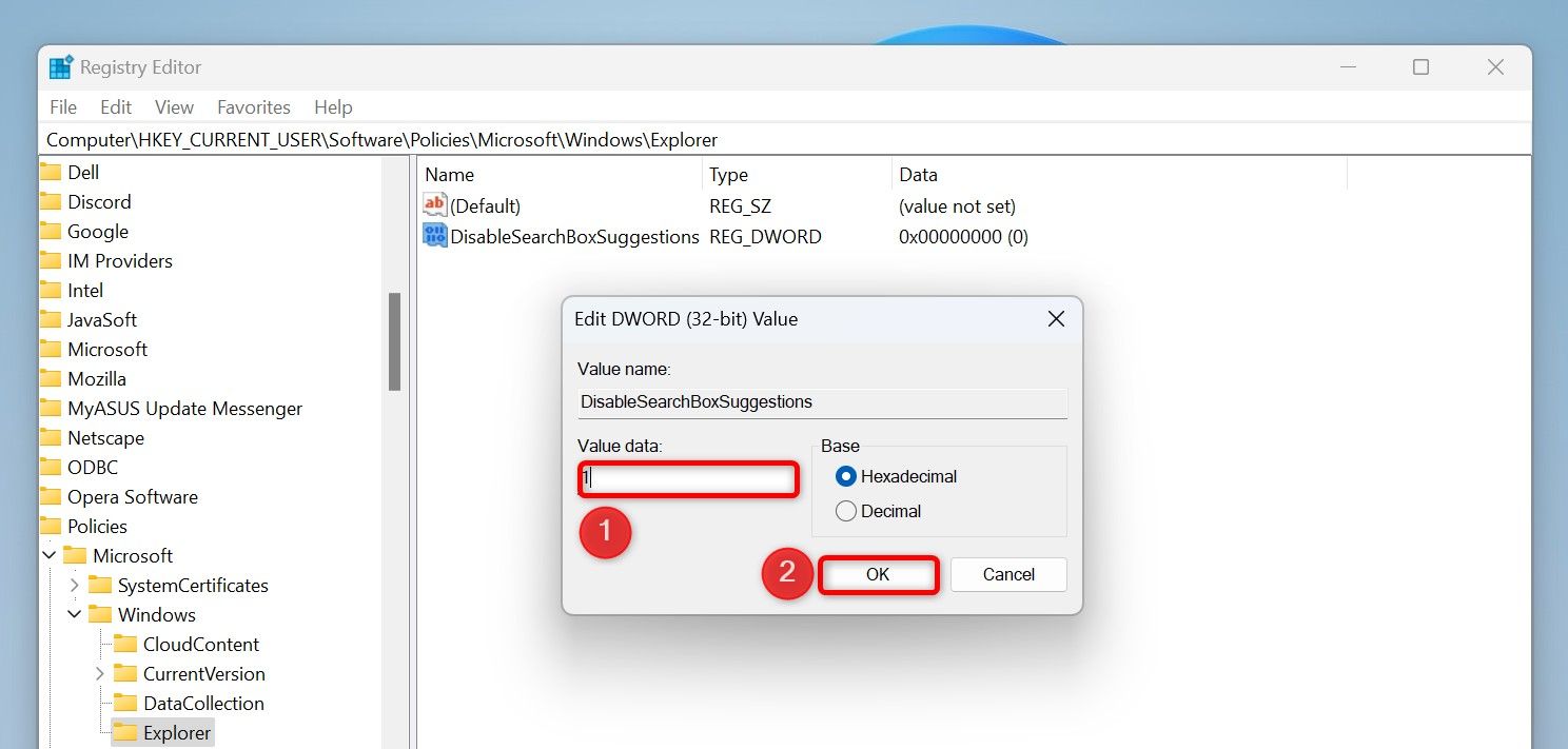 'Value Data' and 'OK' highlighted for 'DisableSearchBoxSuggestions' in Registry Editor.