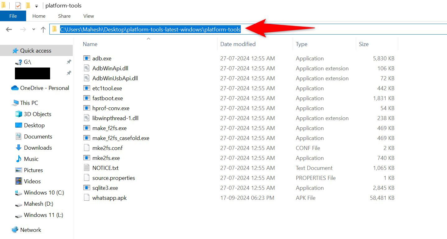 The ADB folder's path highlighted in File Explorer.