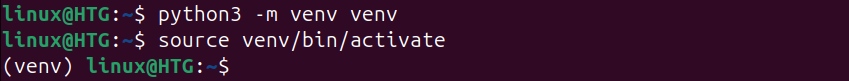 Linux terminal with commands to create a virtual Python environment