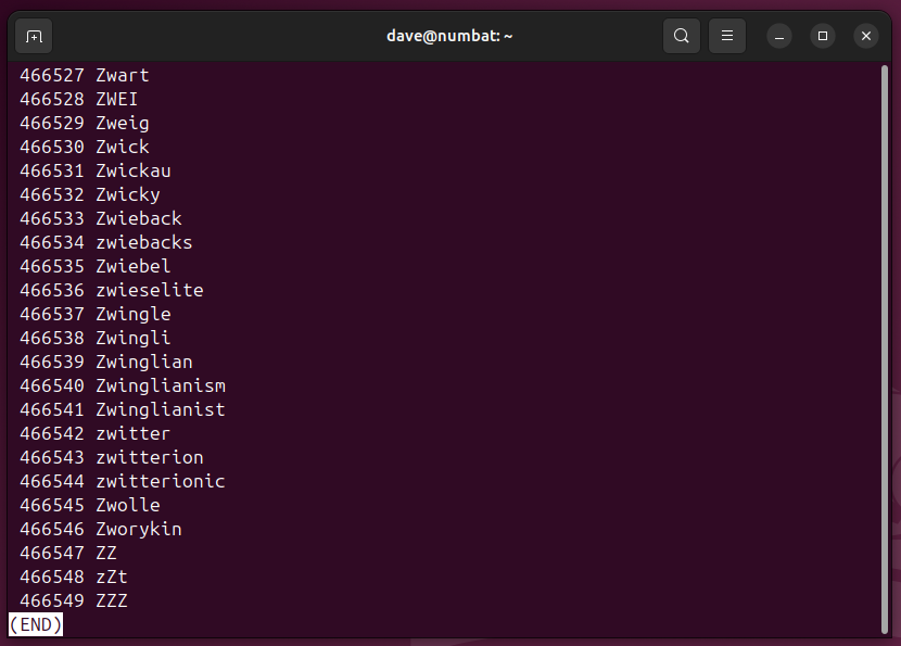 Using less to view the contents of a file with line numbers, in a terminal window.