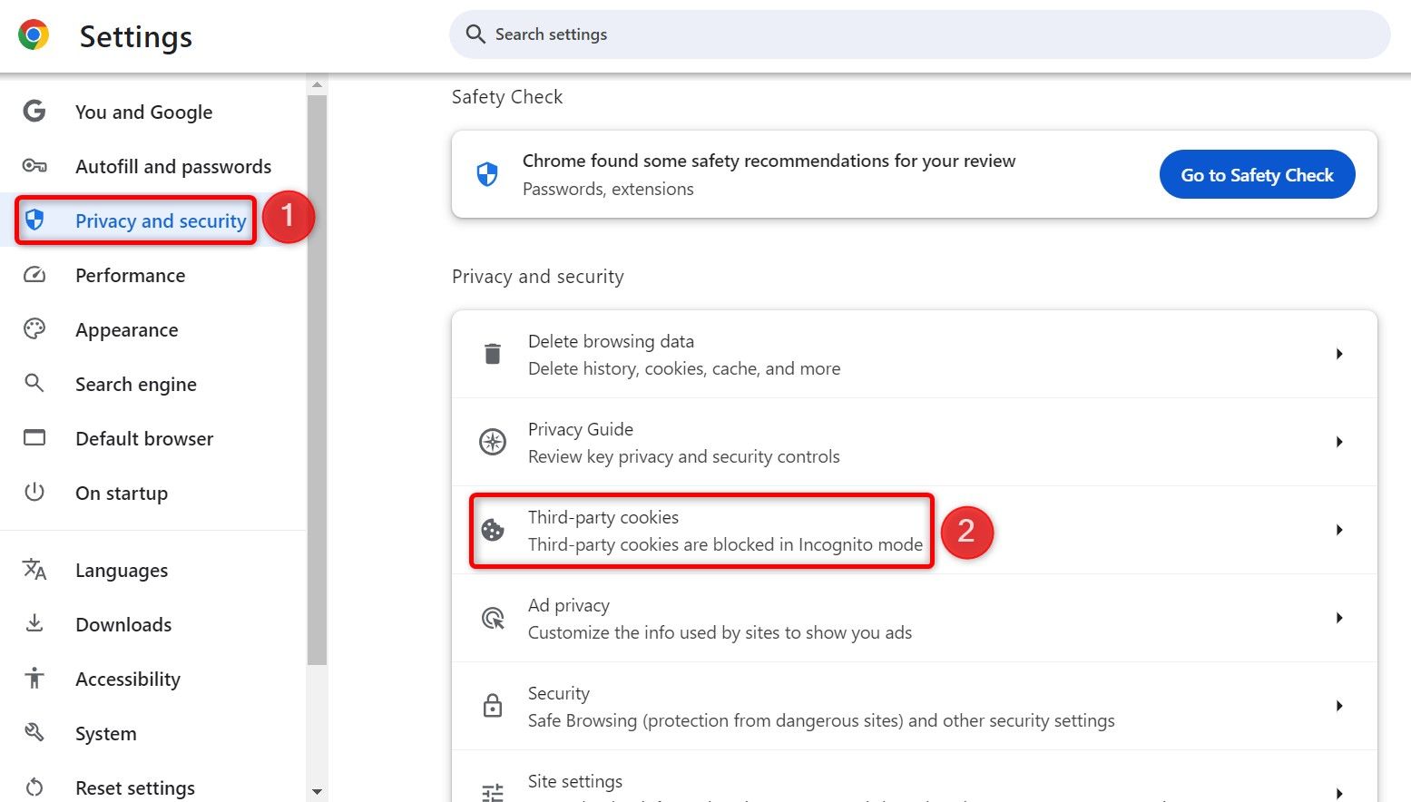 'Privacy and Security' and 'Third-Party Cookies' highlighted in Chrome Settings.