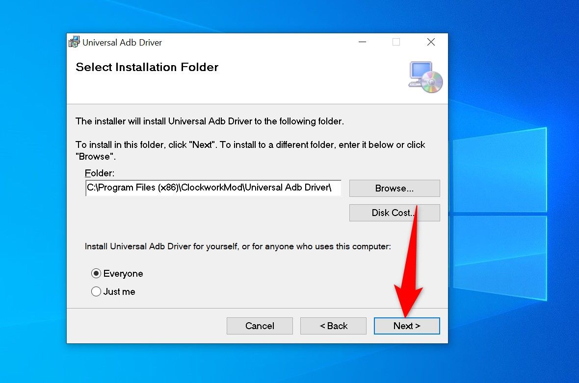 'Next' highlighted in the Universal ADB Drivers installation wizard.