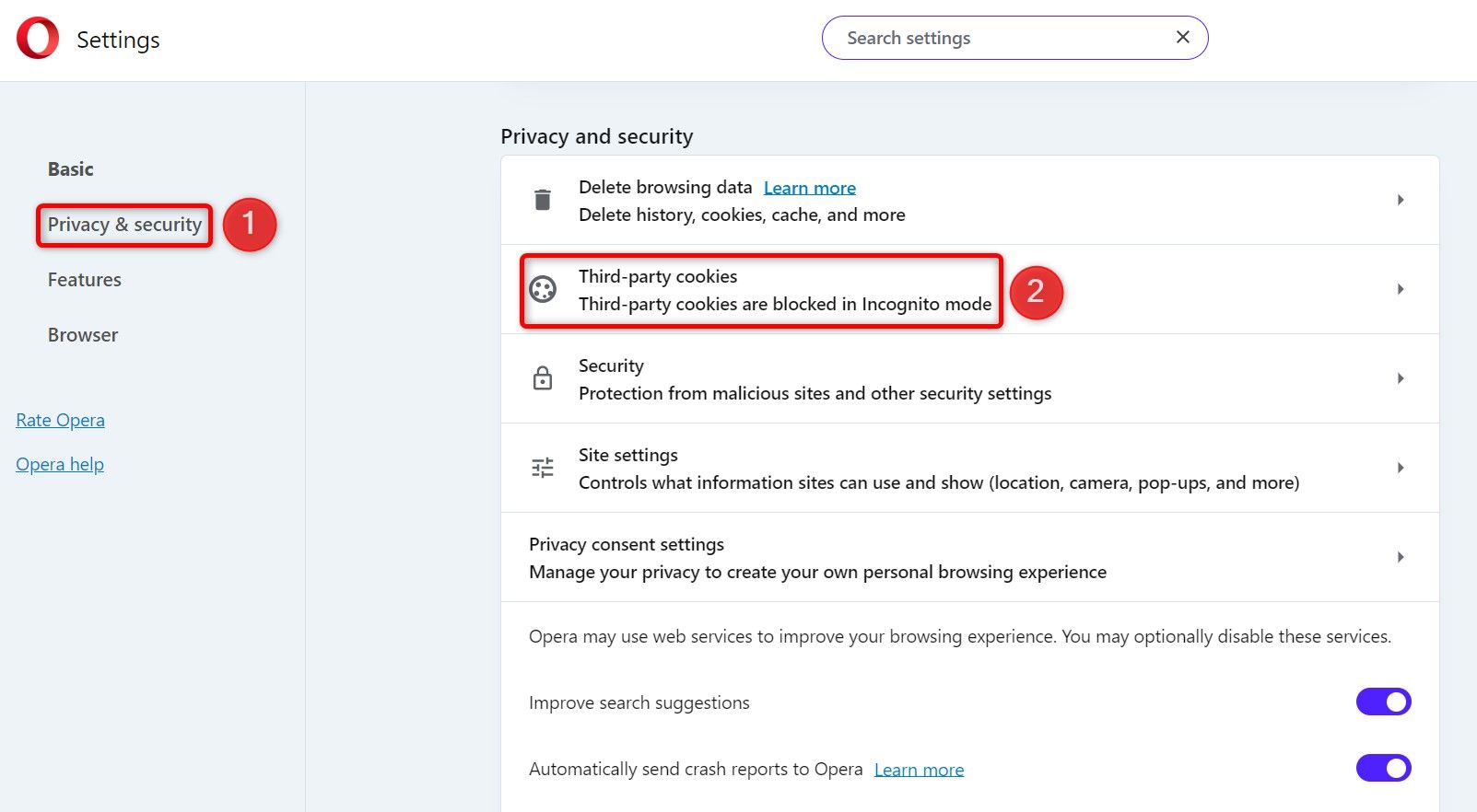 'Privacy & Security' and 'Third-Party Cookies' highlighted in Opera Settings.