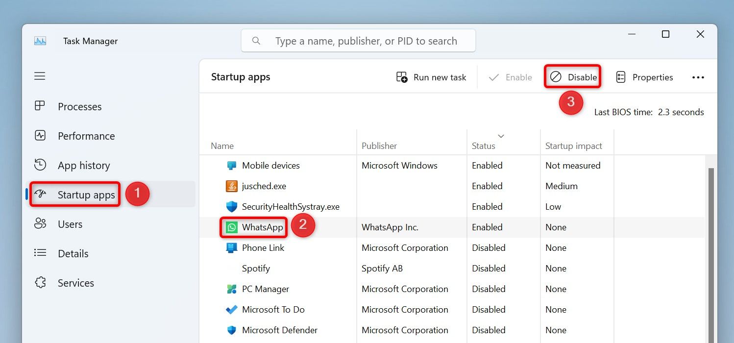 'Startup Apps,' an app, and 'Disable' highlighted in Task Manager.