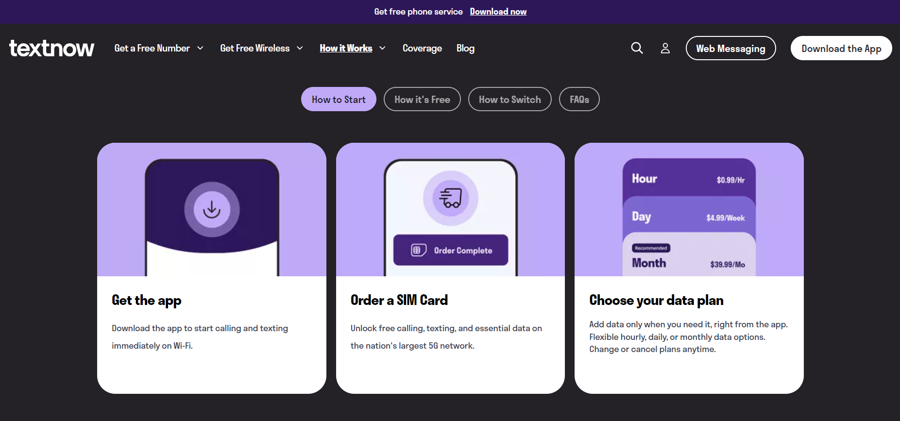 A screenshot of TextNow's How it Works page.