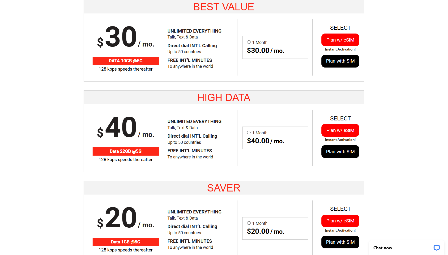 Three cell plans available on the Black Wireless website.