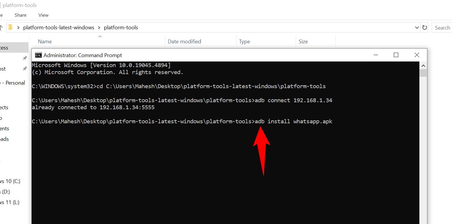 The 'adb install' command typed in Command Prompt.