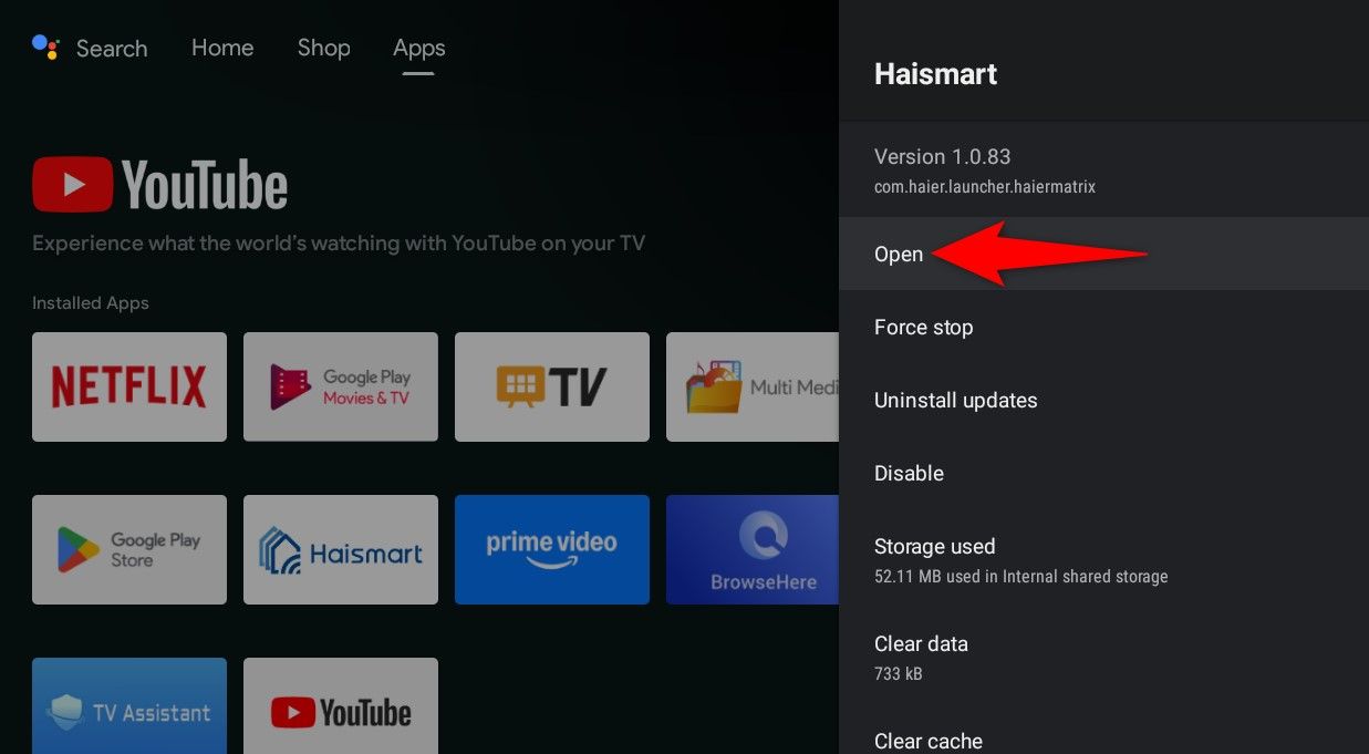 'Open' highlighted for an app in Android TV Settings.