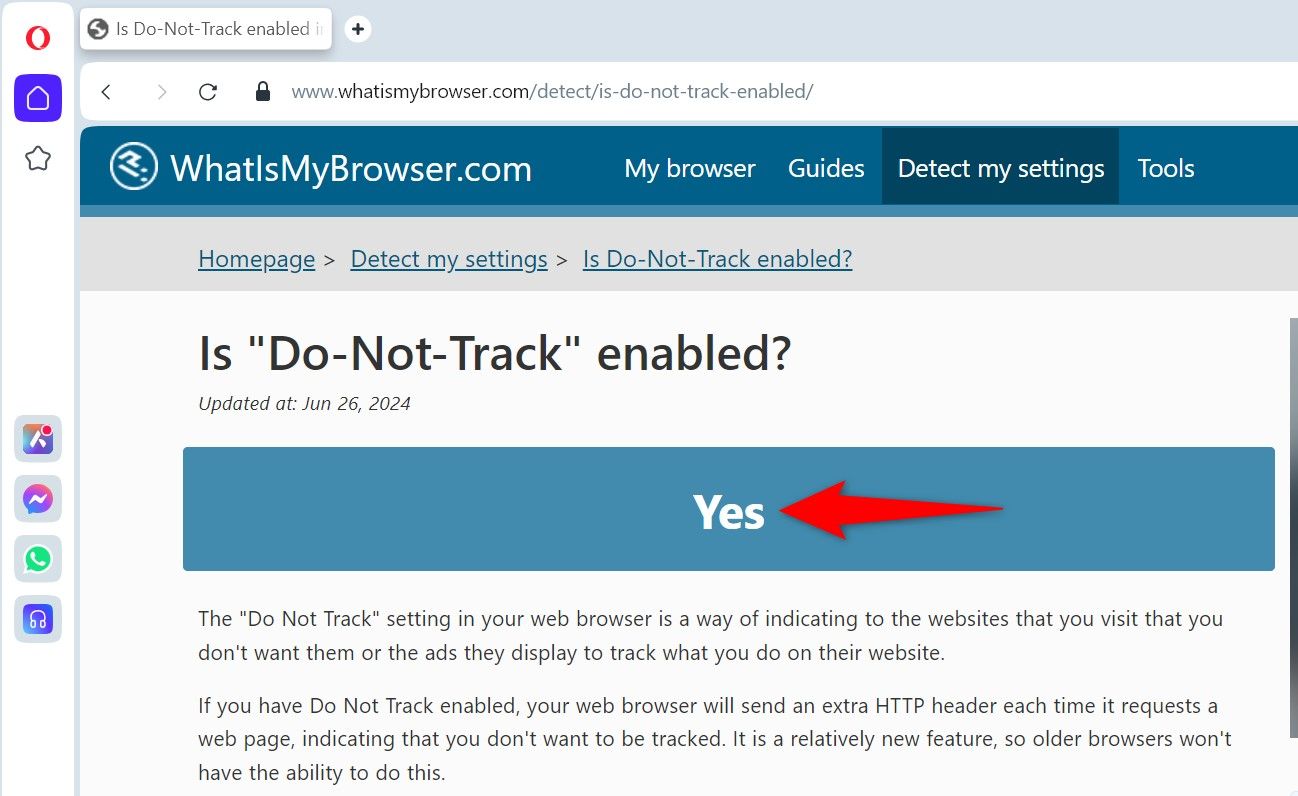 'Yes' highlighted on a Do Not Track checker website.