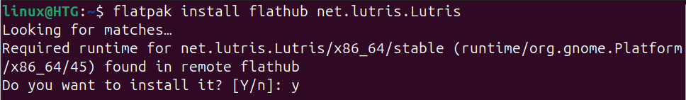 Linux terminal with Flatpak command to install Lutris.