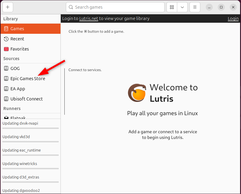 Selecting 'Epic Games Store' from the Lutris home screen.