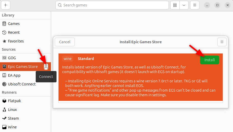 Lutris screen with Epic game installation page along with Wine settings