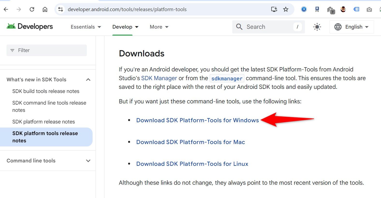 Platform Tools' Windows version highlighted on the Google Platform Tools webpage.