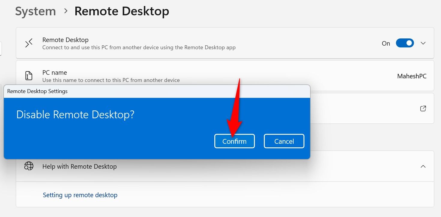 'Confirm' highlighted in the Remote Desktop prompt.