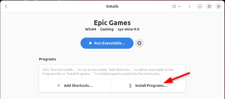 Epic games Bottle with 'Install Programs' option.