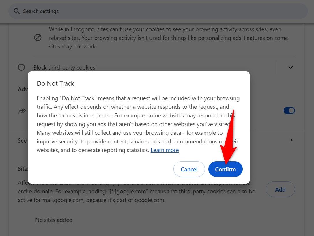 'Confirm' highlighted in the Do Not Track prompt in Chrome.
