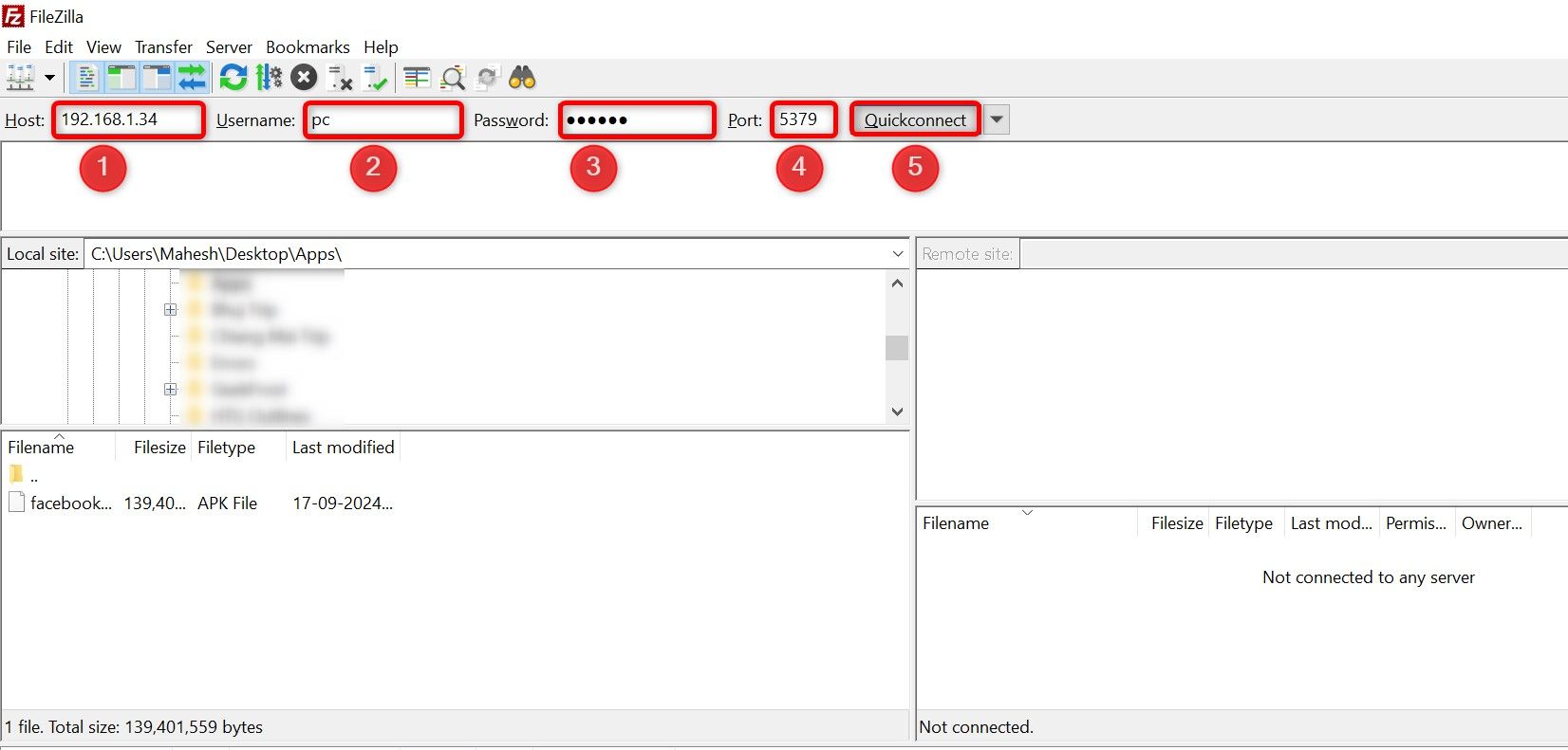 FTP connection fields highlighted in FileZilla.