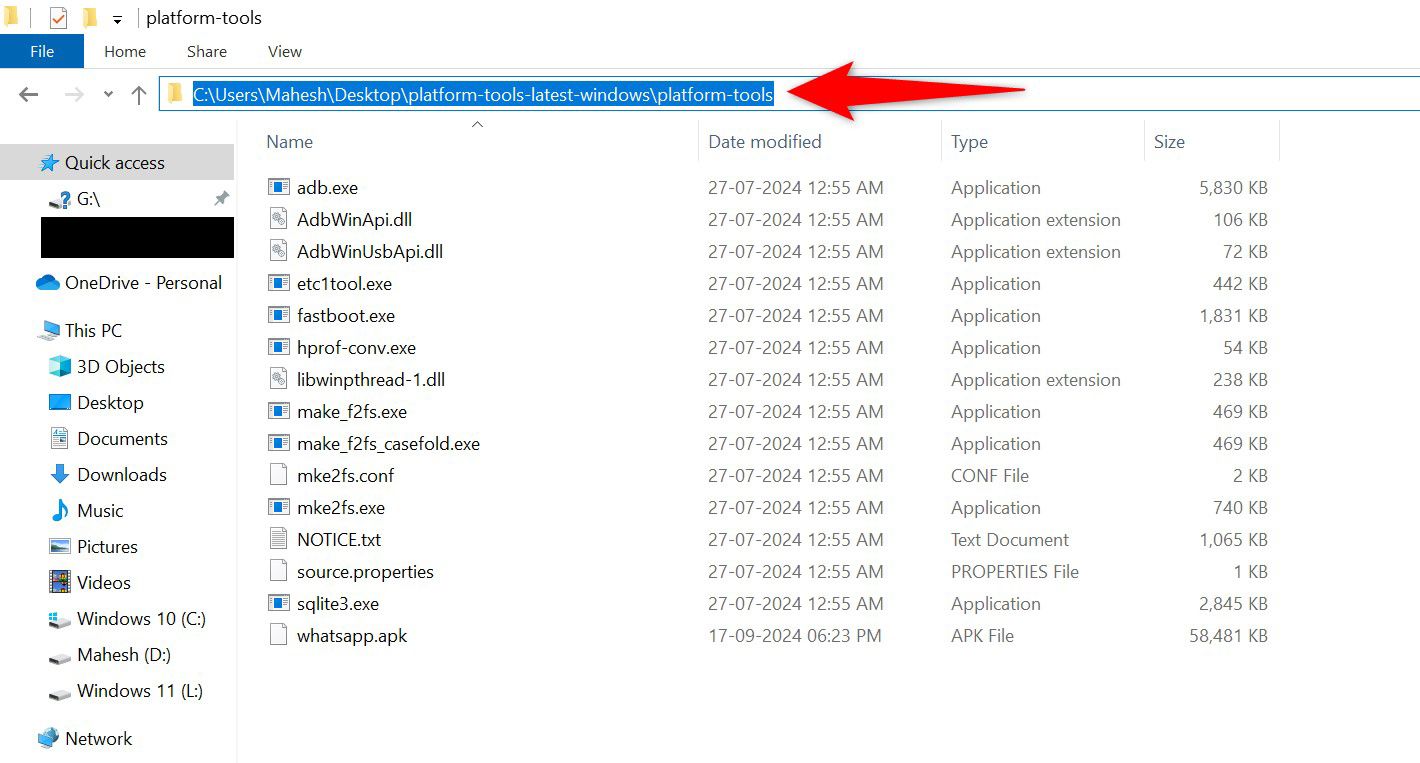 The Platform Tools folder path highlighted in File Explorer.