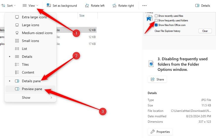 Enabling the details and preview pane in Windows File Explorer.