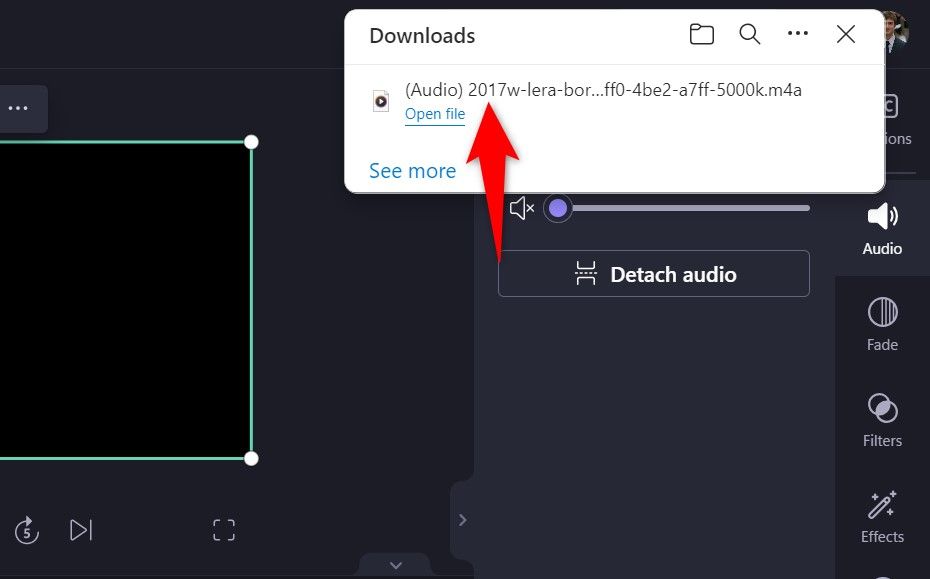 The detached audio notification in ClipChamp.