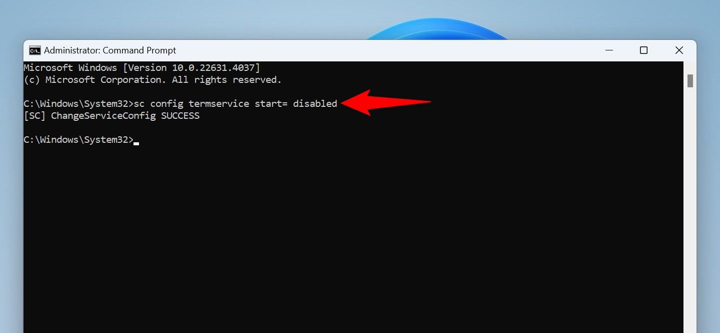 The command to disable the Remote Desktop service typed in Command Prompt.