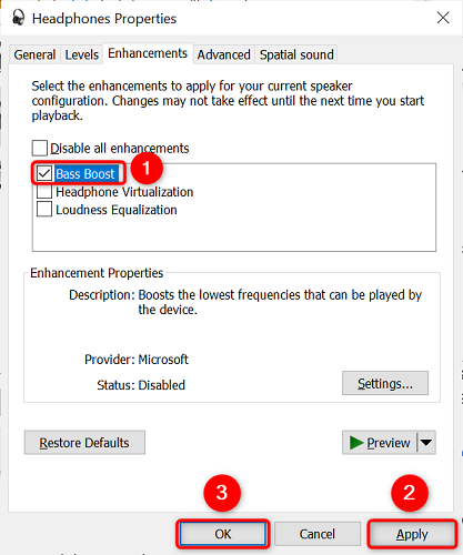 Enable "Bass Boost" and click "Apply" then "OK."
