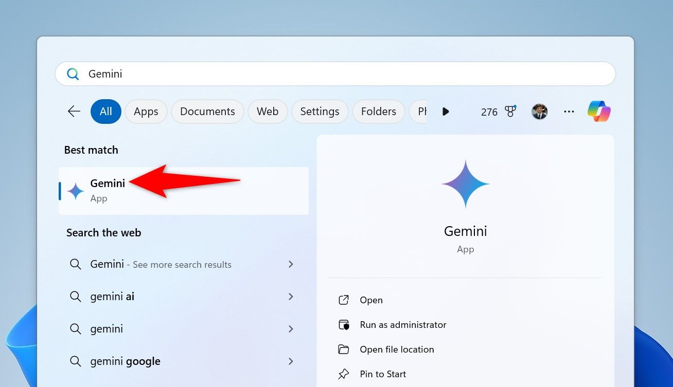 Gemini highlighted in Windows search.